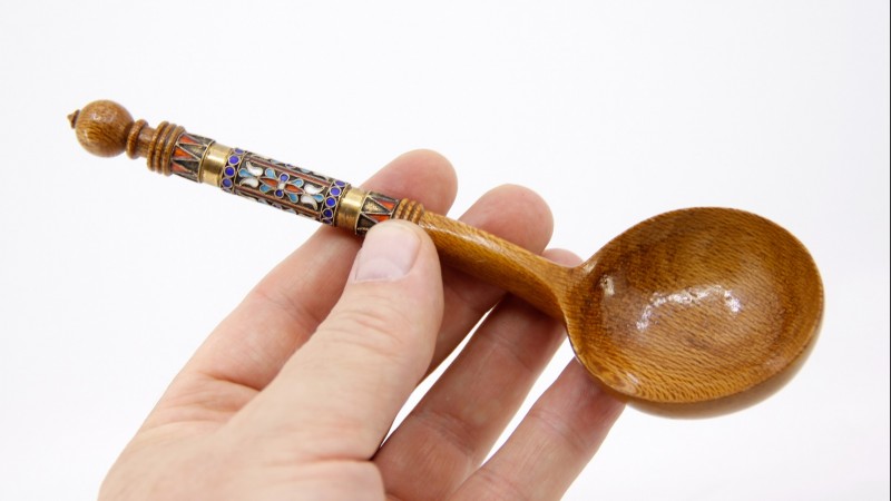 Cuillère russe - Bouleau de Carélie, argent doré et émaux filigranés