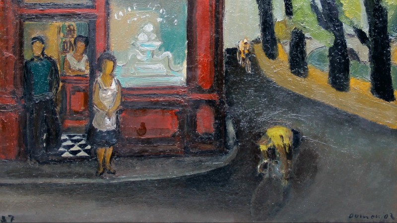 Raoul DOMENJOZ (1896-1978) - La course cycliste devant le bar-tabac, 1957