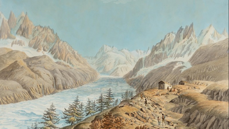 Vue de la mer de glace, par Jean Baptiste Louis Hubert - Gravure coloriée à la main, Genève vers 1830