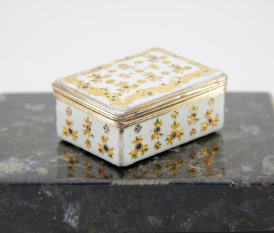 Tabatière en "émail de Saxe" rehaussé d'or – monture en vermeil - Berlin, atelier des Fromery, vers 1740 pour l'émail – Paris, 1738-1744 pour la monture en argent