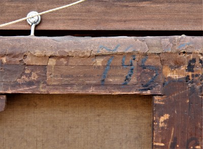 Etiquette de vente, en anglais. Au dessus, à la craie bleue, un 79.. rappelle peut-être le numéro d'ordre du tableau au Salon de 1843 (790)?