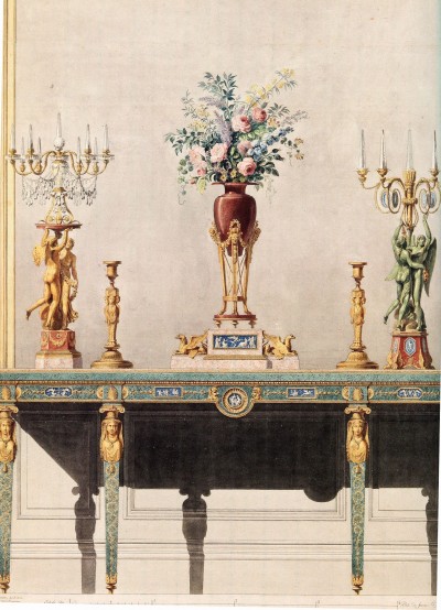 Jean-Démosthène Dugourc (1749-1825), dessin aquarellé de 1790 conservé au Musée des Arts Décoratifs de Paris (GF 21 n°38.378)