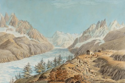 Vue de la mer de glace, par Jean Baptiste Louis Hubert - Gravure coloriée à la main, Genève vers 1830
