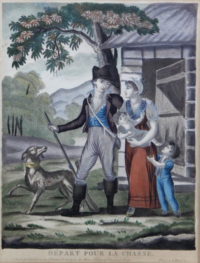 Paire de gravures aquarellées, 1er Empire - Départ pour la chasse & Retour de la chasse