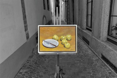 Mizette PUTALLAZ (*1932) - Nature morte aux pommes, à l'assiette et au couteau