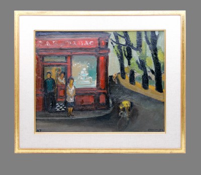 Raoul DOMENJOZ (1896-1978) - La course cycliste devant le bar-tabac, 1957