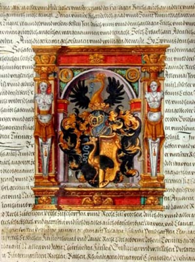 Les armoiries Horngacher peintes sur le diplôme du 17 juin 1568 (AEG, Archives de familles 3e série)