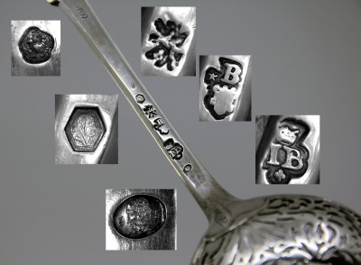 À gauche, les poinçons de contrôle du XIXe; à droite, les poinçons messins du XVIIIe