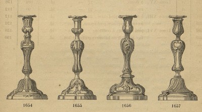 À droite, le n°1657 "flambeau Louis XV Rocaille" dans le catalogue de la maison Christofle de 1862