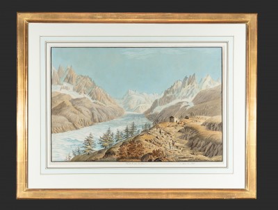 Vue de la mer de glace, par Jean Baptiste Louis Hubert - Gravure coloriée à la main, Genève vers 1830