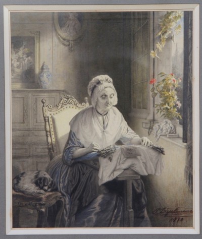 Josephus Laurentius Dyckmans (1811-1888) - La dentellière, aquarelle sur trait, 1850