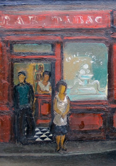 Raoul DOMENJOZ (1896-1978) - La course cycliste devant le bar-tabac, 1957