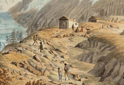 Vue de la mer de glace, par Jean Baptiste Louis Hubert - Gravure coloriée à la main, Genève vers 1830