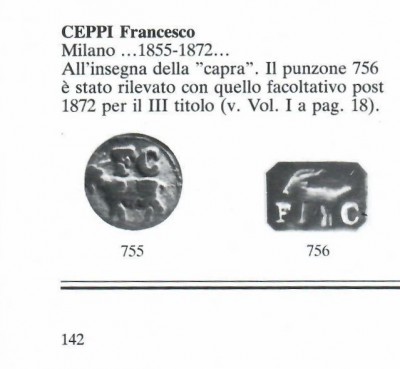 V. Donaver & R. Dabbene, Argenti italiani dell'Ottocento, Volume Secondo, Punzoni di argentieri italiani, Milano 1989, p.142, n° 755 & 756