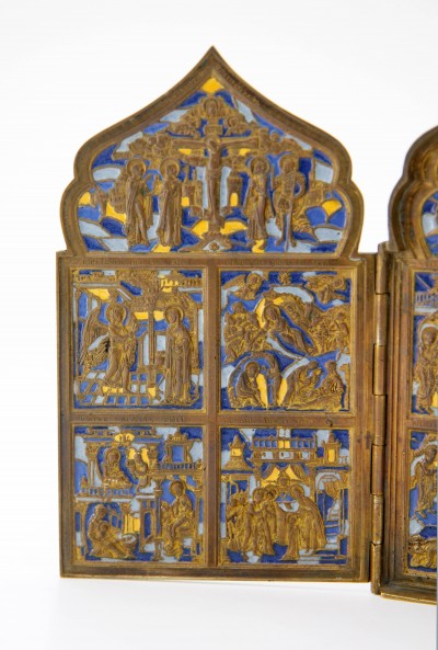 Tétraptyque de voyage, en bronze émaillé - Russie, XIXe siècle