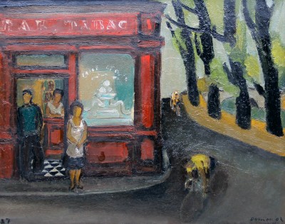Raoul DOMENJOZ (1896-1978) - La course cycliste devant le bar-tabac, 1957