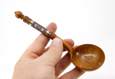 Cuillère russe - Bouleau de Carélie, argent doré et émaux filigranés