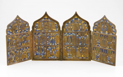 Tétraptyque de voyage, en bronze émaillé - Russie, XIXe siècle