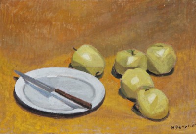 Mizette PUTALLAZ (*1932) - Nature morte aux pommes, à l'assiette et au couteau