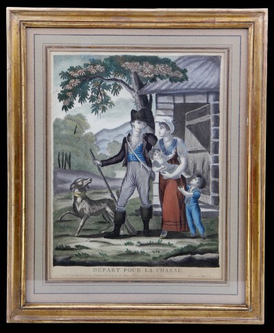 Paire de gravures aquarellées, 1er Empire - Départ pour la chasse & Retour de la chasse